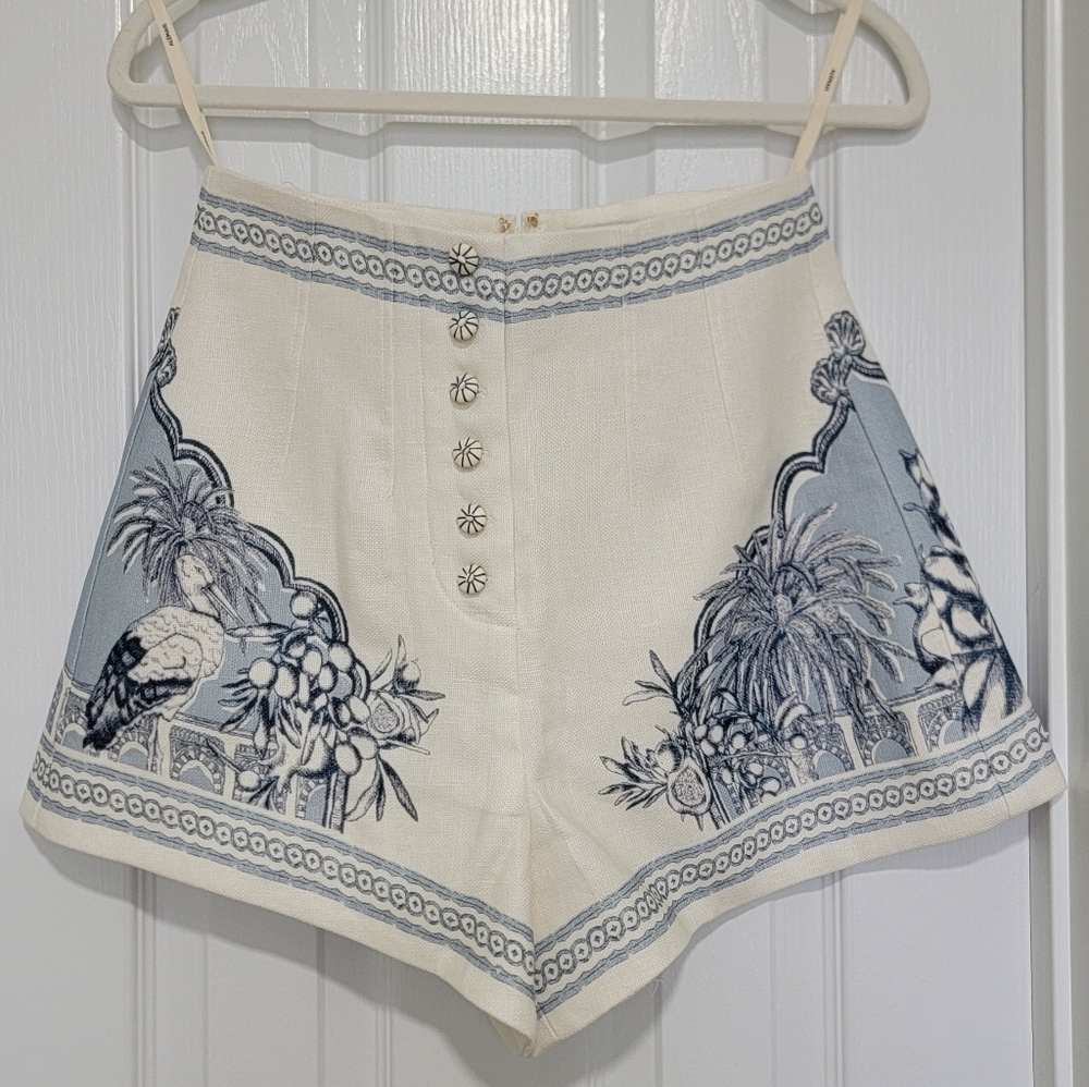 Alemais Cream High-Waist Printed Bermuda Shorts with Blue Toile Motif - Picture 4 of 7